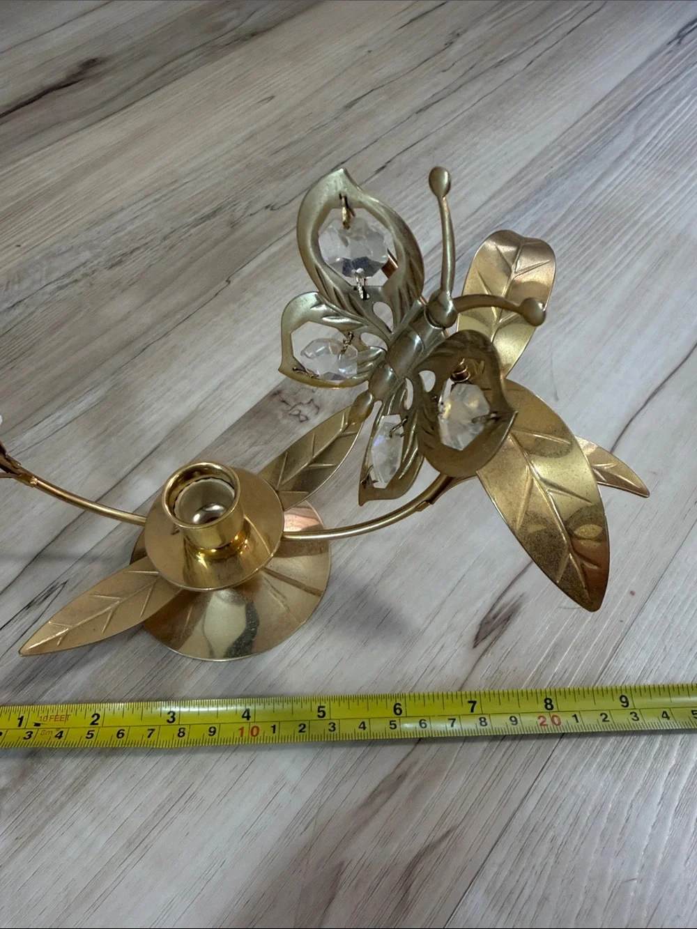 Gold Tone Butterfly Crystal Flower Taper Candle Holder Hollywood Regency Decor
